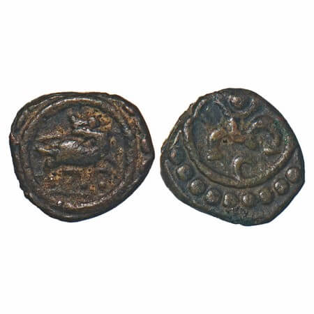 Travancore, Copper Thirai Cash, 1.13g, Obv: Deer Head Turned, Rev: Hand Lamp Resembling 'O