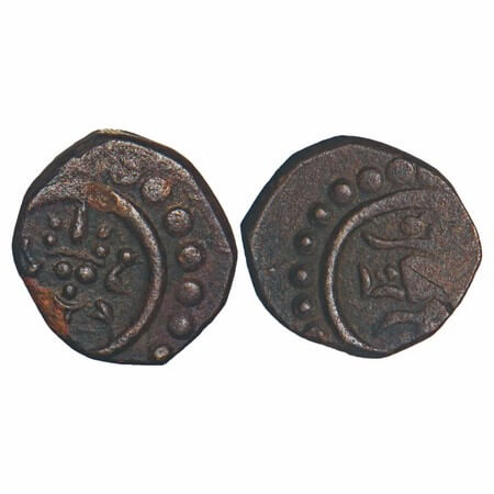 Travancore, Copper Thirai Cash, 1.30g, Obv: Seated Lakshmi, Rev: Decorated shanka, within 