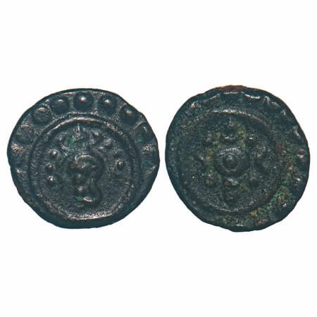 Travancore, Copper Thira Cash, 1.23g, Obv: Decorated chakra, Rev: Decorated sankhu. Beena 