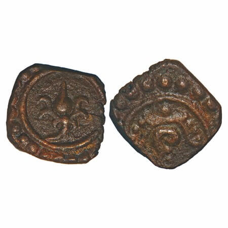 Travancore, Copper Thirai Cash, 0.87g, Obv: flower, Rev: conch, partial dotted borders see