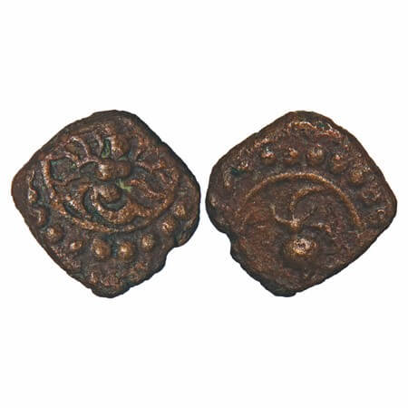 Travancore, Copper Thirai Cash, 0.66g, Obv: garuda in flight, Rev: lotus, partial dotted b