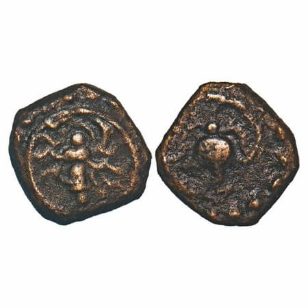 Travancore, Copper Thirai Cash, 0.79g, Obv: garuda in flight, Rev: lotus, partial dotted b