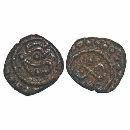 Travancore, Copper Thirai Cash, 0.39g, Obv: Stylised Lion Probably, Rev: Double Chakra wit