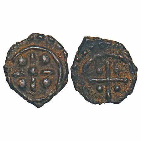Travancore, Copper Thirai Cash, 0.55g, Obv: Stylised Lotus, Rev: Cross with Dots in Angles
