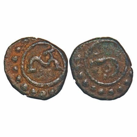 Travancore, Copper Thirai Cash, 0.84g, Obv: Camphor Holder, Rev: Sun with in the curve of 