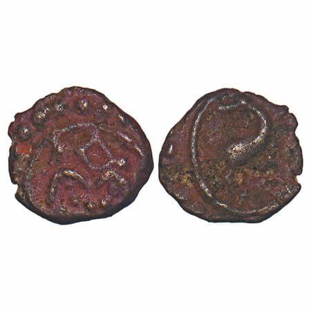 Travancore, Copper Thirai Cash, 0.50g, Obv: Kaliyan Emblem, Rev: Deer, within dotted borde