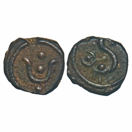 Travancore, Copper Thirai Cash, 0.75g, Obv: Namam and Pellets, Rev: Hamsa, its a tail endi