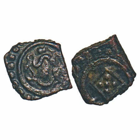 Travancore, Copper Thirai Cash, 0.56g, Obv: Bird walking to right. Rev: Five Pellets in re