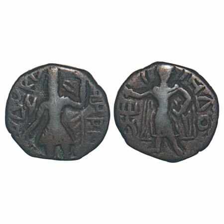 Kushans, Kanishka (c. 127-151 AD), Copper 1/4 Drachms, 4.24g, 16.20x17.73mm, Obv: King fac