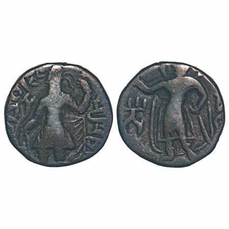 Kushans, Kanishka (c. 127-151 AD), Copper 1/4 Drachms, 4.33g, 16.08x16.57mm, Obv: King fac