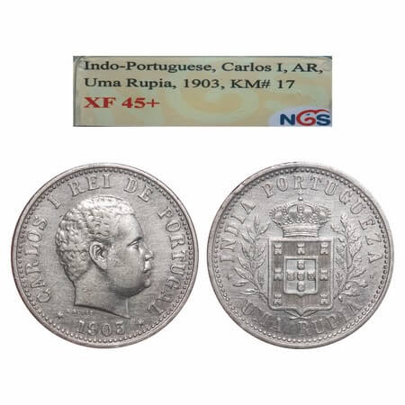 Indo Portuguese, Silver Uma Rupee, D. Carlos, 1903 AD. A.Gomes (page 604) 05.01 / KM 17. N