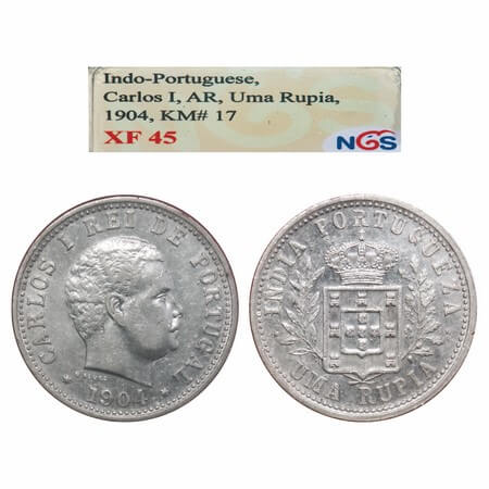 Indo Portuguese, Silver Uma Rupee, D. Carlos, 1904 AD. A.Gomes (page 604) 05.02 / KM 17. N