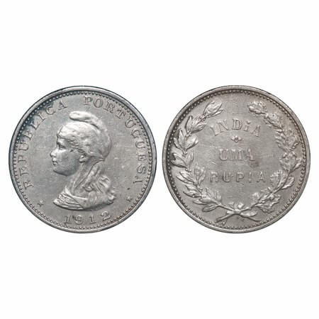 Indo Portuguese, Silver Rupia, 11.74g, Republic (1910-1961 AD), 1912 (overstruck 2 over 1 