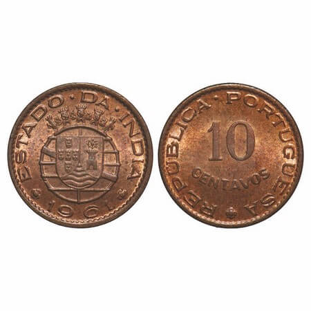 Indo Pourtuguese, Bronze, 2.00g, 10 Centavos, Republic, 1961 AD. A.Gomes (page 606) 13.03
