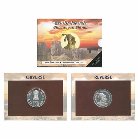 1999, Proof set of 1 Coin, 100 Rupees, Chhatrapati Shivaji, Mumbai Mint, in Blister Pack. 