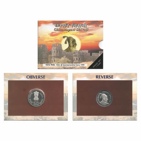 1999, Proof set of 1 Coin, 50 Rupees, Chhatrapati Shivaji, Mumbai Mint, in Blister Pack. P