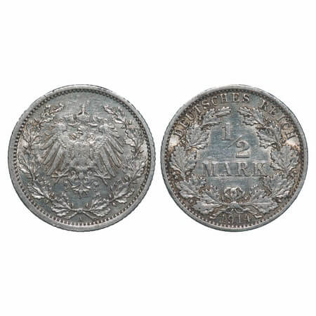 Germany, Silver (0.9000 silver), 2.77g, 1/2 Mark, 1914A. KM 17. Very Fine, Scarce.