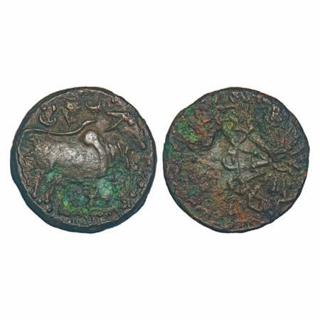 Pallavas of Kanchi, Bronze, heavy weight, 5.20g, 1.06x19.05 mm, Obv: Humped Bull walking t
