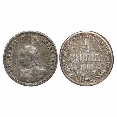German East Africa, Silver 1/4 Rupie, 2.71g, Wihelm II, 1907. KM 8. Toned About Extremely 