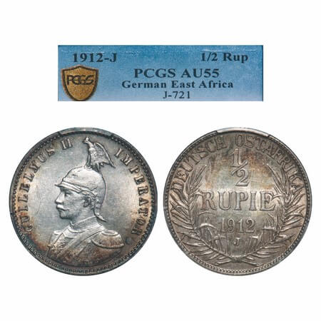German East Africa, Silver 1/2 Rupie (0.917 silver), Wihelm II, 1912. KM 9. PCGS graded AU