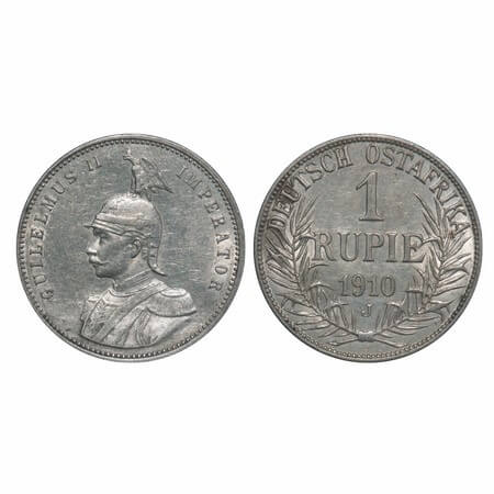 German East Africa, Silver (0.9170 Silver) Rupie, 11.62g, Wihelm II, 1910 J. KM 10. Extrem