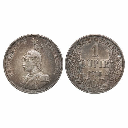 German East Africa, Silver (0.9170 Silver) Rupie, 11.64g, Wihelm II, 1910 J. KM 10. Toned 