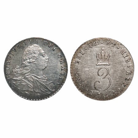 Great Britian, Silver (0.9250 Silver) 3 Pence, 1.44g, George III (1760-1820 AD), 1792. KM 