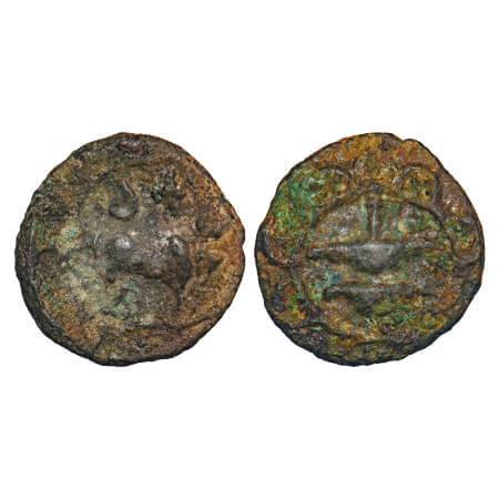 Pallavas of Kanchi, Potin, 1.81g, 15.18x16.06 mm, Obv: Bull facing right with Tamil granth