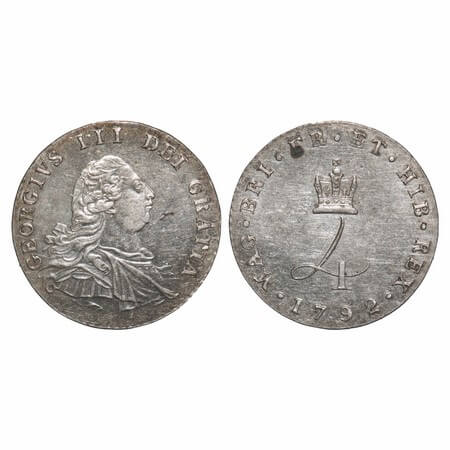 Great Britian, Silver (0.9250 Silver) 4 Pence, 1.90g, George III (1760-1820 AD), 1792. KM 