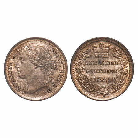 Great Britain, Copper 1/3 Farthing, 0.97g, Victoria Queen, 1881. KM 750. Uncirculated with
