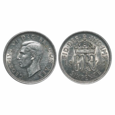 Great Britain, Silver (0.5000 silver), 2.83g, 6 Pence, George VI, 1945. KM 852. Extremely 
