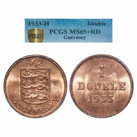 Guernsey, Bronze, 1 Double, 1933 H, Obv: Arms, Rev: denomination above date. KM 11. PCGS g