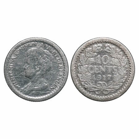 Netherlands, Silver (0.6400 Silver), 10 Cents, Wilhelmina I, 1917. KM 145. About Very Fine