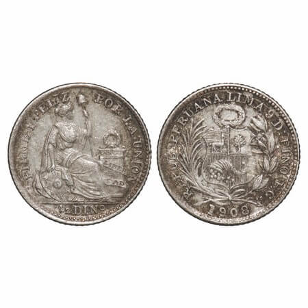 Peru, Silver (0.9000 silver), 1.25g, 1/2 Dinero, 1908. KM 206.2. Toned Uncirculated. Rare.