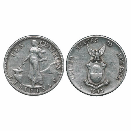 Philippines, Silver (0.7500 silver), 1.95g, 10 Centavos, 1944, Obv: Female standing beside