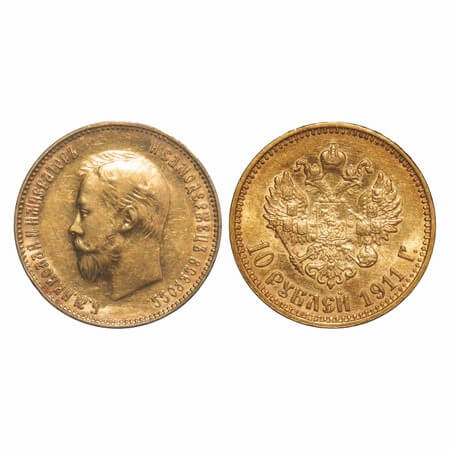 Russia, Gold 10 Roubles 0.900 gold), 8.58g, Nicholas II, 1911, Obv: head left, Rev: crowne