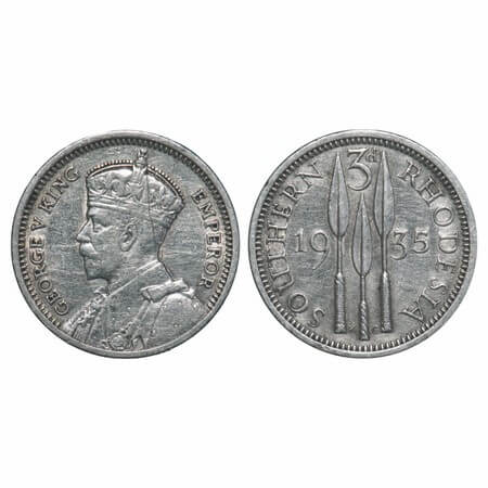 Southern Rhodesia, Silver (0.9250 silver), 1.39g, 3 Pence, George V, 1935. KM 1. Very Fine
