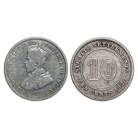 Straits Settelment, Silver (0.6000 silver), 2.62g, 10 Cents, George V, 1926. KM 29b. About