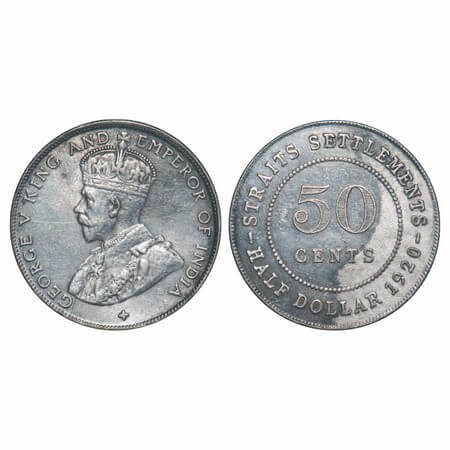 Straits Settelments, Silver (0.500 Silver) 50 Cents, 8.38g, George V, 1920. KM 35.1. Very 