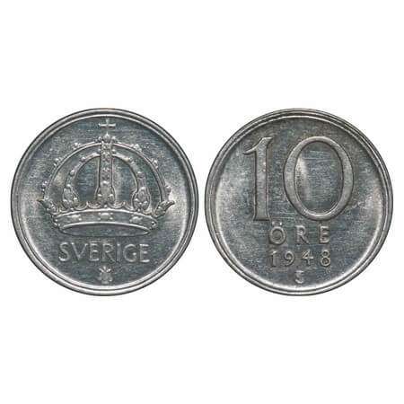 Sweden, Silver (0.4000 silver), 1.48g, 10 Ore, 1948. KM 813. About Extremely Fine, Scarce.