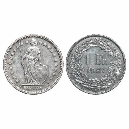 Switzerland, Silver 1 Franc (0.8350 Silver), 5.01g, 1955. KM 24. About Extremely Fine, Sca