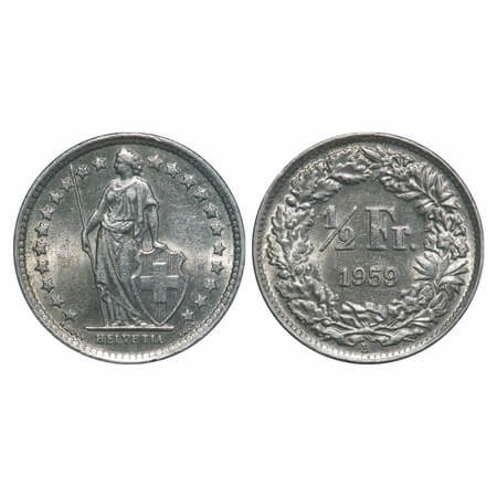 Switzerland, Silver 1/2 Franc (0.8350 Silver), 2.46g, 1959. KM 23, Extremely Fine, Scarce.
