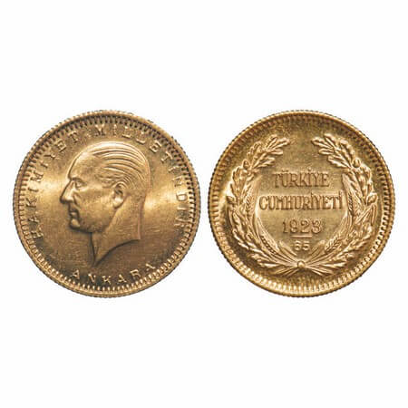 Turkey, Gold 100 Kurush (0.9170 gold), 7.20g, Republic issue, 1923/65, Obv: Head of Atatur