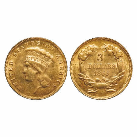 USA, Gold 3 Dollars (0.9000 gold), 5.04g, 1855, liberty coronet head type. KM page 1111. E