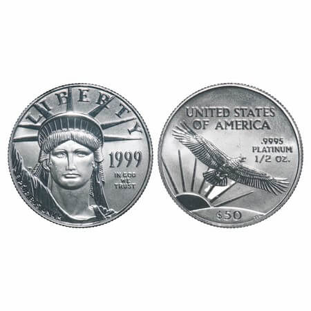 USA, Platinum 50 Dollars, (0.9995 Platinum), 15.56g, 1999, Obv: Statue of Liberty. Script: