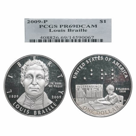 USA, Silver (0.900 Silver), 1 Dollar Proof, Loius Braille, 2009 P. issued by the U.S. Mint