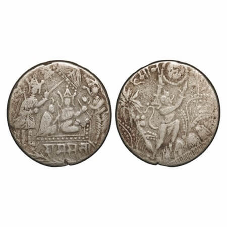 Ram Tanka, Temple Token, 12.46g, Silver Temple token, Obv: figures of Rama and Lakshmana, 