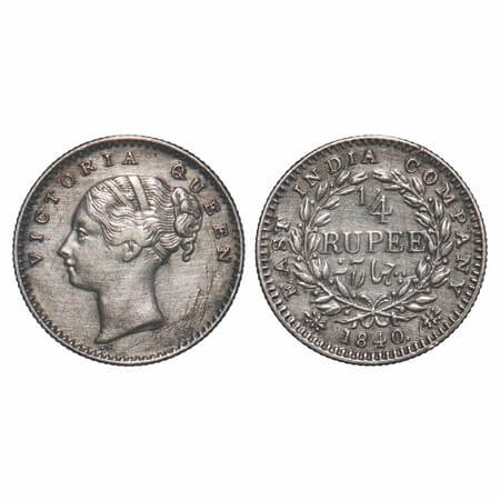 Victoria Queen, Silver, 1/4 Rupee, 1840, CL, Calcutta Mint, A/I, English Head, Wreath with