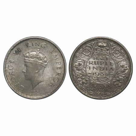 George VI, Silver, Half Rupee, 1938, Bombay Mint, A/I, Dot, Head Type I, Milled edge. F. P