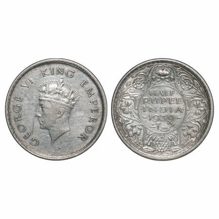 George VI, Silver, Half Rupee, 1939, Bombay Mint, A/I, Dot, Head Type I, Milled edge. F. P